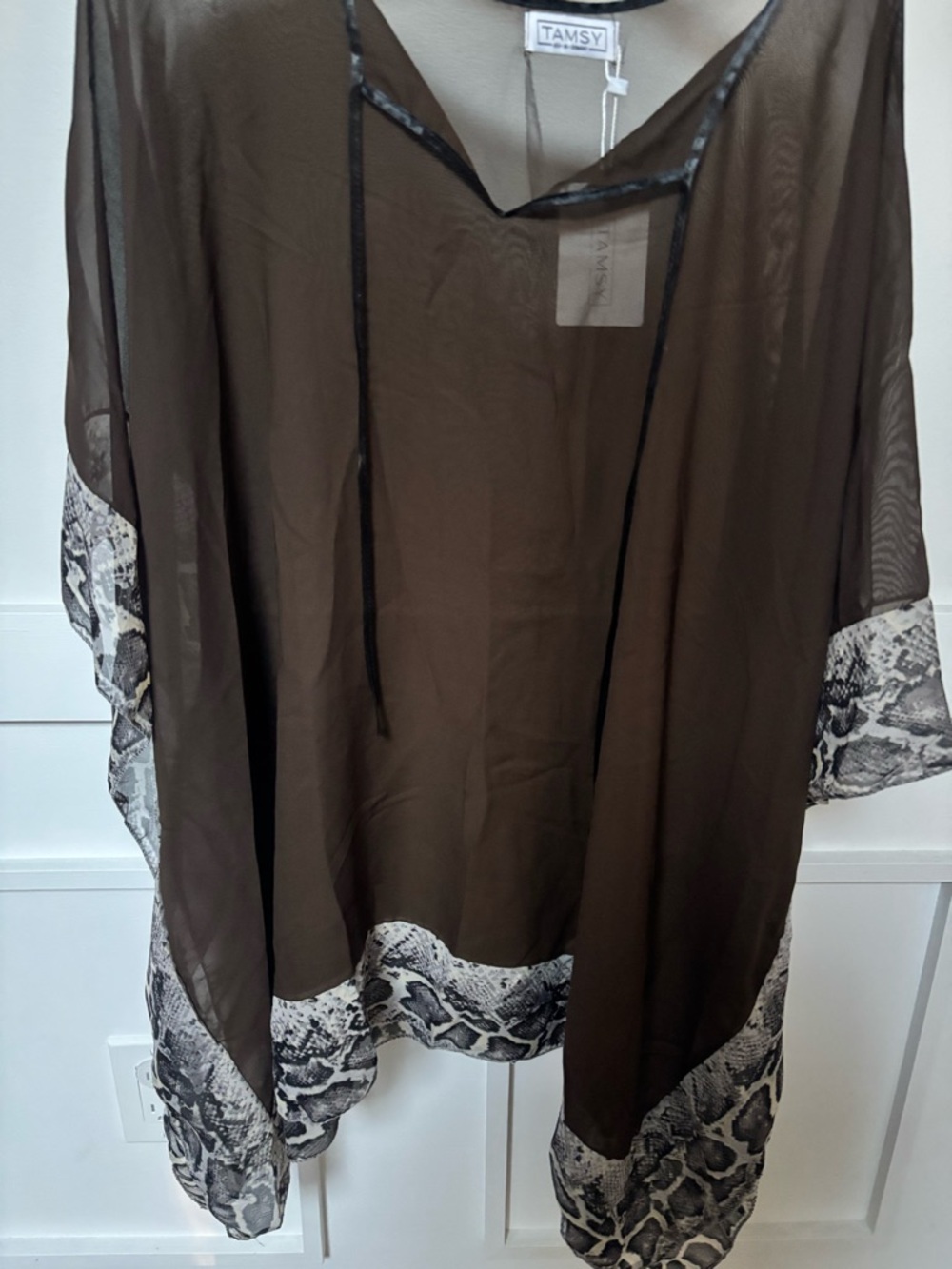 Brown Sheer Tunic with Snake-Print Trim nwt